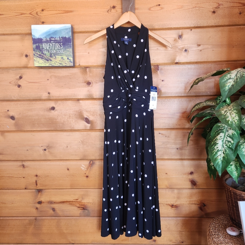 CHAPS 💜 NWT Fit & Flare Dress Sleeveless Black White Polka Dot Stretch Pleats S